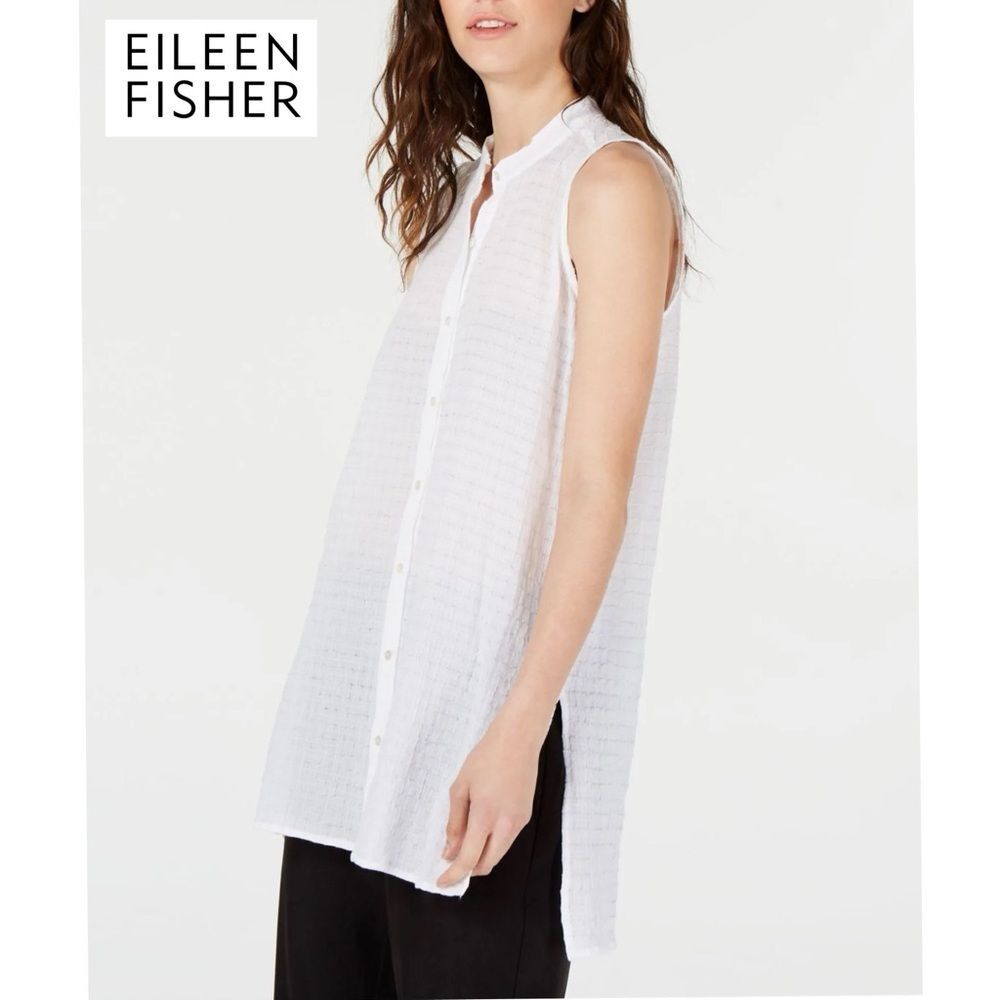 EILEEN FISHER ORGANIC COTTON VOILE BOX BUTTON DOWN MANDARIN COLLAR TUNIC WHITE L